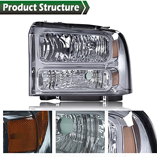 Image of GRAND ORANGE Pair Headlights Assembly, Compatible with Ford F250 F350 F450 F550 1999-2004, Fit Ford Excursion 2000-2004, Driver & Passenger, Smoky Lens Chrome Housing Amber Reflector, faros delanteros