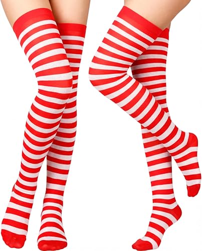 SATINIOR 2 Pairs Halloween Women Thigh High Socks Christmas Striped Long Stockings Women over Knee High Socks Gifts(Striped 1,Red,White)