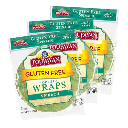 Toufayan Spinach Gluten Free Tortilla Wraps | Certified Gluten Free and Naturally Vegan (3 Pack, 18 Wraps Total)