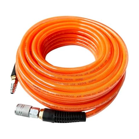 SANFU Polyurethane(PU) Reinforced 3/8”ID x 100ft Air Hose, Reassembled, Wear Resistant 300PSI with 3/8” Repaired Industrial Quick Coupler and Plug, Bend Restrictor, Orange(100’) Cover