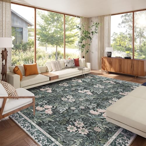 Image of Washable 9x12 Area Rug - Light Green Vintage Floral with Ornate Border, Soft Low Pile Carpet for Living Room, Dining Room Under Table, Bedroom Non-Slip, Stain Resistant & Durable
