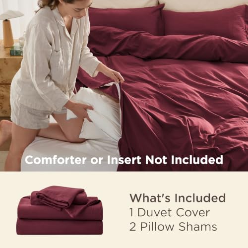 Image of Bedsure Prewashed Duvet Cover Queen, Cotton-Like Bedding Set, Burgundy | Ultra Soft, Relaxed Texture, 90 inchx90 inch Breathable Comfort, Hidden Zipper, 8 Corner Ties, Easy Care, OEKO-TEX, Year-Round Use