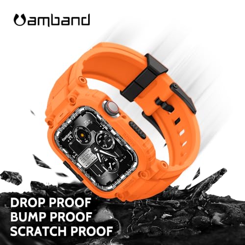 Image of amBand Bands Compatible with Apple Watch 9 /8 /7 45mm, M1 Sport Series Rugged Case with TPU Strap Military Protective Tough Cover Bumper for iWatch SE3 /SE2 /SE /6 /5 /4 /3 44mm 42mm Men Orange