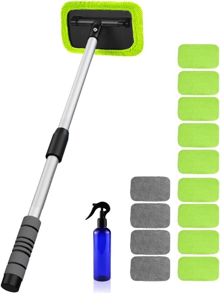 XINDELL Car Window Cleaning Combo – 27" Windshield Glass Cleaner Tool with Extendable Handle & 14 Reusable Microfiber Pads for Interior/Exterior Glass, Streak-Free Car Window Cleaning for Car Owners