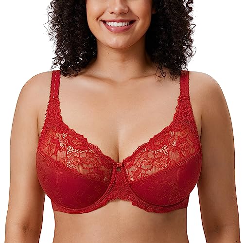 DELIMIRA Damen Vollschalen BH - Mit Spitze Tüll,Mit Bügel, Ohne Einlagen Dunkelrot 95C