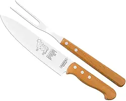 Jogo Trinchante Churrasco com Lâminas em Aço Inox e Cabos em Madeira Natural com 2 Peças