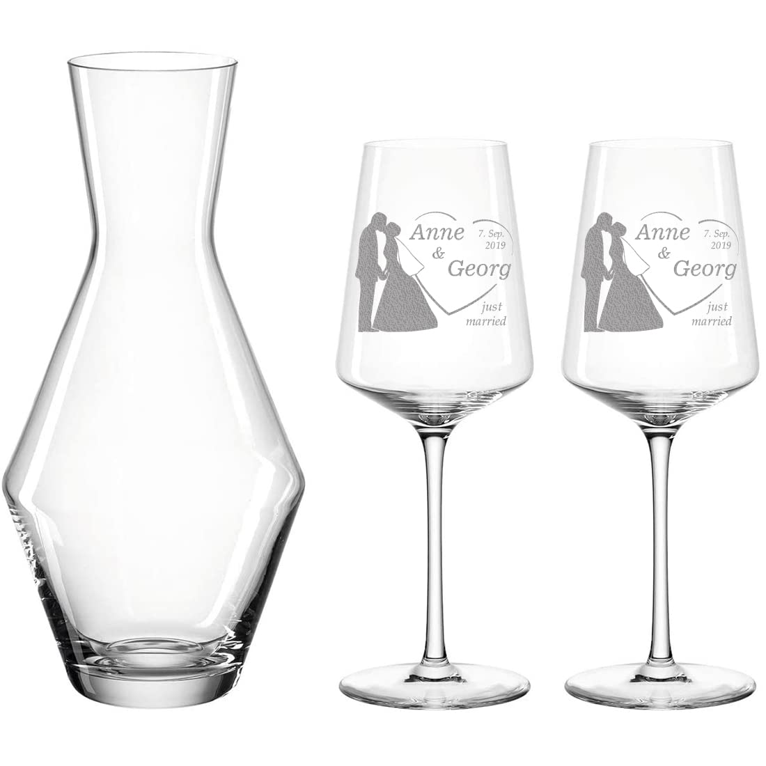 polar-effekt Set di 3 bicchieri da vino rosso e caraffa da vino personalizzati con incisione, regalo per matrimonio, bicchiere da vino per coppie di nozze, motivo coppia di sposi