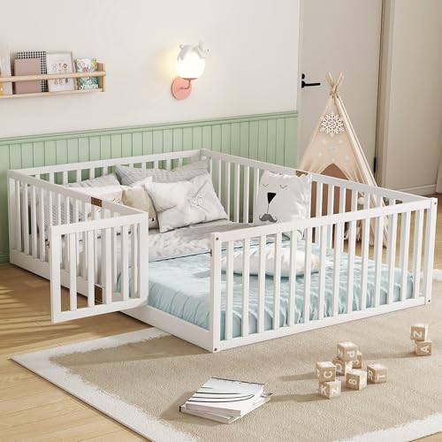 Bellemave Full Size Floor Bed with Slats and Door Full Size Montessori Floor Bed with Rails Easy Assemble Montessori Beds Frame for Bedroom White