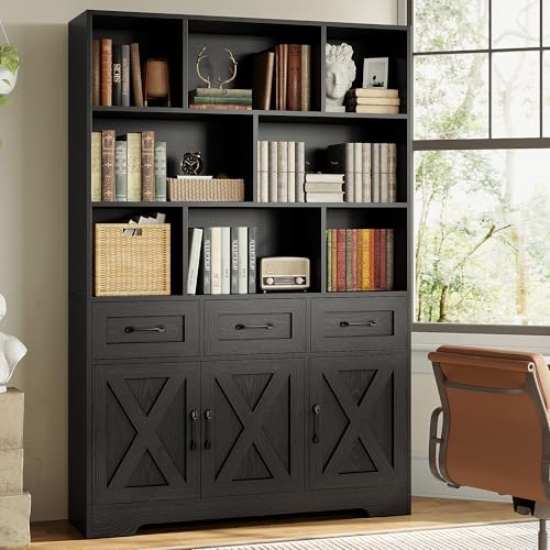 IRONCK Bookshelf with 3 Drawers, 6 Tier Bookcase with Doors, 71