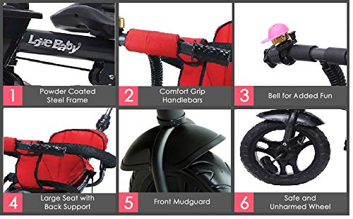 Image of JoyRide Learn-to-ride trike on 3 Wheels with Safety Harness, Non-Slip Pedal,Storage Basket and Removable Parent Handle,red,black