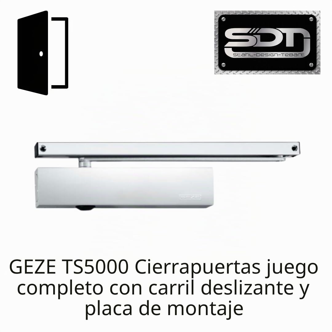 Geze GEZE TS 5000 - Cierrapuertas (con riel deslizante y placa de montaje, tamaño EN2-6, con amortiguación de apertura, 28,7 x 4,7 x 6 cm), color plateado