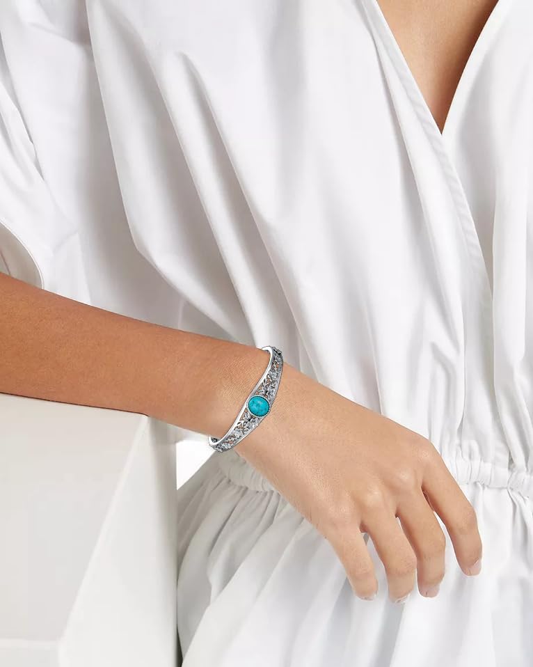 Genuine Turquoise Vintage Flower Bracelet Bangle, Sterling Silver Boho Adjustable Bangle Cuff Native American Jewelry for Women, Fit for 6.5 7 7.5 Inches3