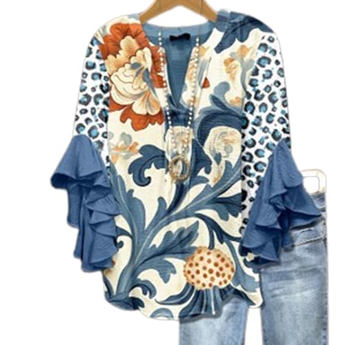 Women's Casual Boho Floral Print Tops Loose V Neck 3/4 Wave Bell Sleeve Flowy Shirts Summer Blouses for Women (C,3XL)