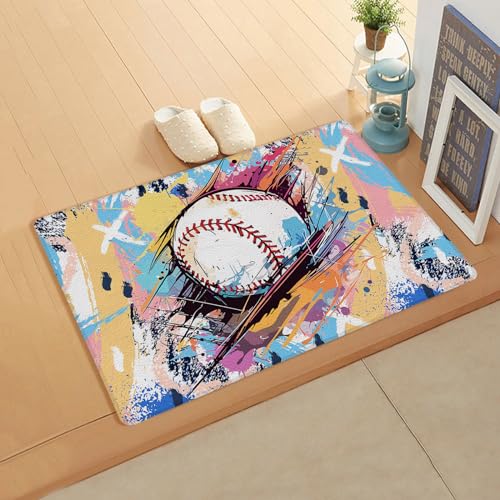 Baseball Sports Kitchen Bath Door Mat Cushioned Runner Rug,Washable Welcome Floor Sink Antifatigue Mat,Waterproof & Non-Slip Comfort Standing Doormat for Kitchen,Minimalist Geometric Smear Art 20