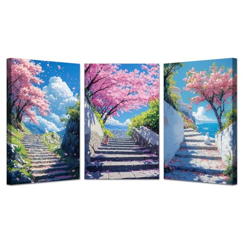 Peinture paysage arbre rose triptyque haut de gamme pour l'ornement de votre bureau