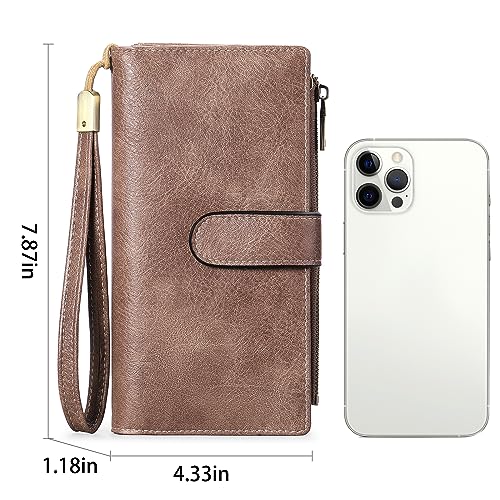 Image of GOIACII Large Wallet for Women Leather Wristlet Dusty Pink | RFID Blocking, Multi-card Slots, Detachable Wrist Strap, Trifold Clutch Purse