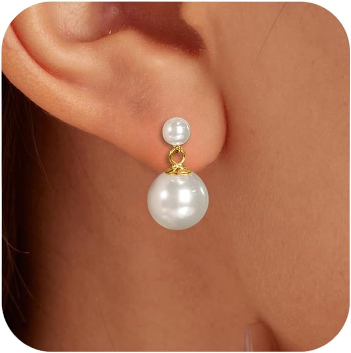 Double Bead Pearl Earrings for Women 925 Sterling Silver Gold Big Pearl Lightweight Ball Stud Earrings Trendy Dangle Drop Earring Bridal Wedding Jewelry Birthday Christmas Gift for Her