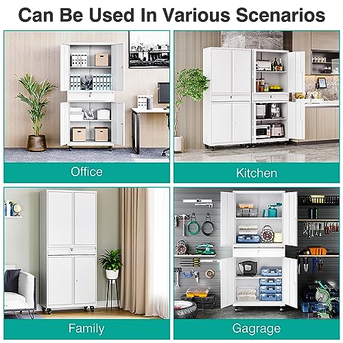 Image of SISESOL White Metal Storage Cabinet with Wheels and Drawer,Rolling Garage Cabinet with Locking Doors and Adjustable Shelves,73 inch Mobile Tall Large Metal Cabinets for Home,Office,Garage,Shop