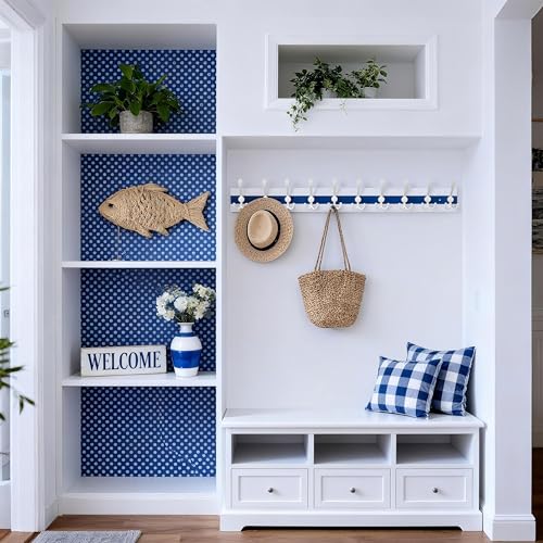 Image of SKOLOO Coastal Coat Rack Wall Mount-38-1 /8 Beach House Entryway Wooden Coat Hook with 10 Hooks for Hanging Coats, Hats or Towels, Oceanfront Cottage Core Collection, White & Blue, Pack of 2