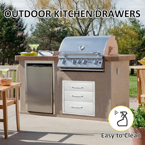 Image of Outdoor Kitchen Drawers 16 inch W x 21 inch H x 23 inch D Flush Mount Triple BBQ Drawers with Chrome Handle Stainless Steel Drawer for Outdoor Kitchen Island, Patio Grill Station