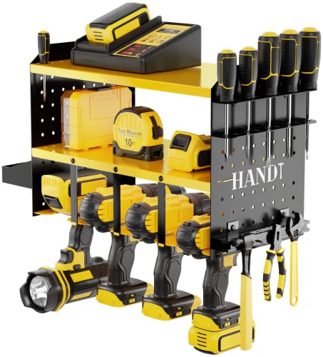 HANDT-Power-Tool-Organizer-Wall-Mount-Drill-Holder-Garage-Storage-Rack-Pegboard-Screwdriver-Holder-with-Magnet-Bar-Organization-Bin-Cordless-Drill-Battery-Charging-Station-Utility-Shelf-Yellow