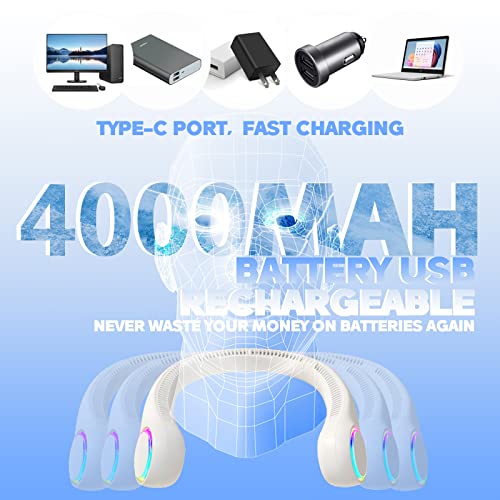 Gulaki Bladeless Portable Neck Fan - Rechargeable Hands Free Usb Personal Fan Battery Operated With Led Lights For Home Office Travel Indoor Outdoor (Bladeless White) #TOP4