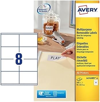 Avery Removable Multi Purpose Labels, 96 x 63.5 mm, 8 per Sheet, 600 Blank Labels, White L4745REV-25   Strong Adhesion, Easy to Remove, Multi Surface, Printable & FSC  Certified