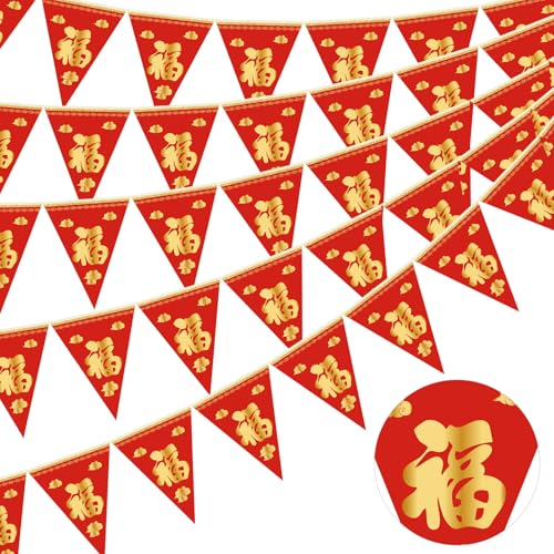Noveread 50 Pcs Chinese New Year Decorations Dragon Pennant Banner 2026 Spring Festive Red Gold Word Fu Triangle Bunting Flag for Spring Lunar New Year Party Supplies Home Decor(Fu Word)