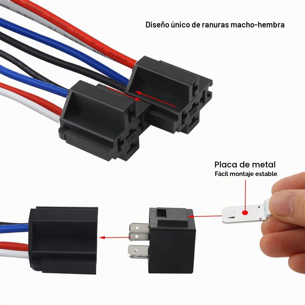 5 Piezas 4 Pines Coche Relé, 12V 40A SPST Relé Automotriz con Toma de Arnés y 14/16 AWG Precableado, para Auto Camión Barco (Negro)