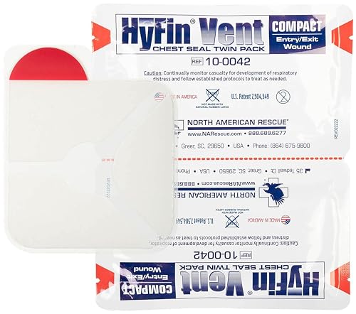 North American Rescue HyFin Vent Chest Seal (Twin Pack) NAR Vented Compact Chest Seals for Wounds...
