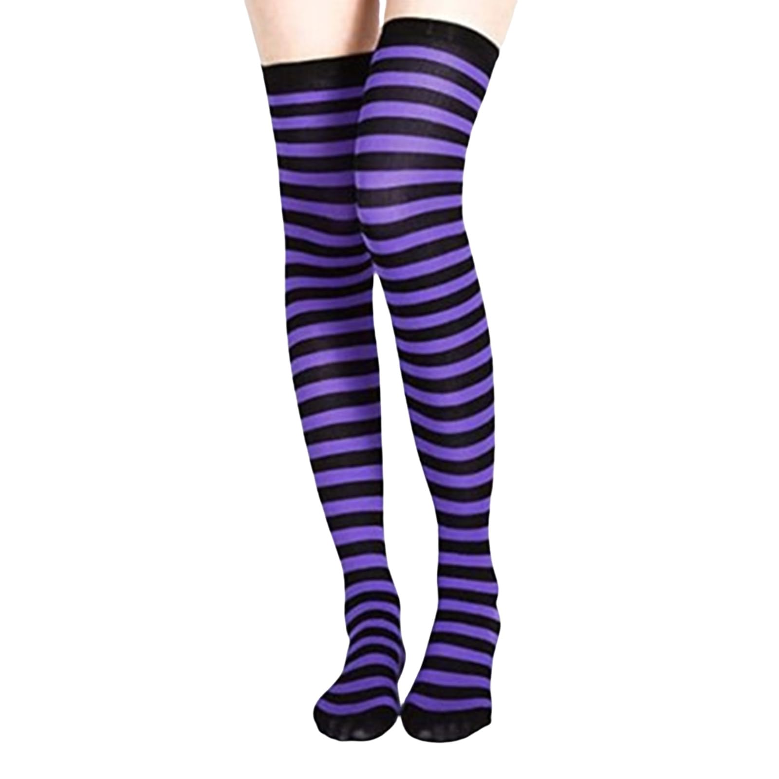 Alloneslife Women's Purple Black Socks, Halloween Thigh High Socks Carnivals Party Colorful Striped Over Knee Long Stockings Cosplay Costume Accessories(Purple Black)