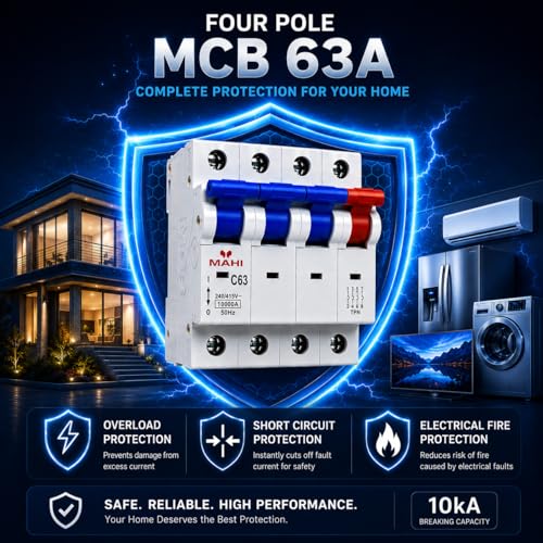 Image of MAHI 63A Four Pole MCB C Curve, Miniature Circuit Breaker with Overload & Short Circuit Protection, 63A Breaking Capacity, Durable Polycarbonate Body for Home & Industrial Use
