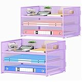 Subekyu 2-Pack 3-Tier Purple Metal Mesh Desk Paper Letter Tray & File Sorter Organizer with Handle + 1 Sliding Tray for Desk, Home, Office, School Supplies, A4 Paper and Accessories Storage