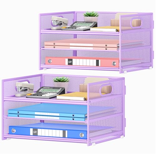 Subekyu 2-Pack 3-Tier Purple Metal Mesh Desk Paper Letter Tray & File Sorter Organizer with Handle + 1 Sliding Tray for Desk, Home, Office, School Supplies, A4 Paper and Accessories Storage
