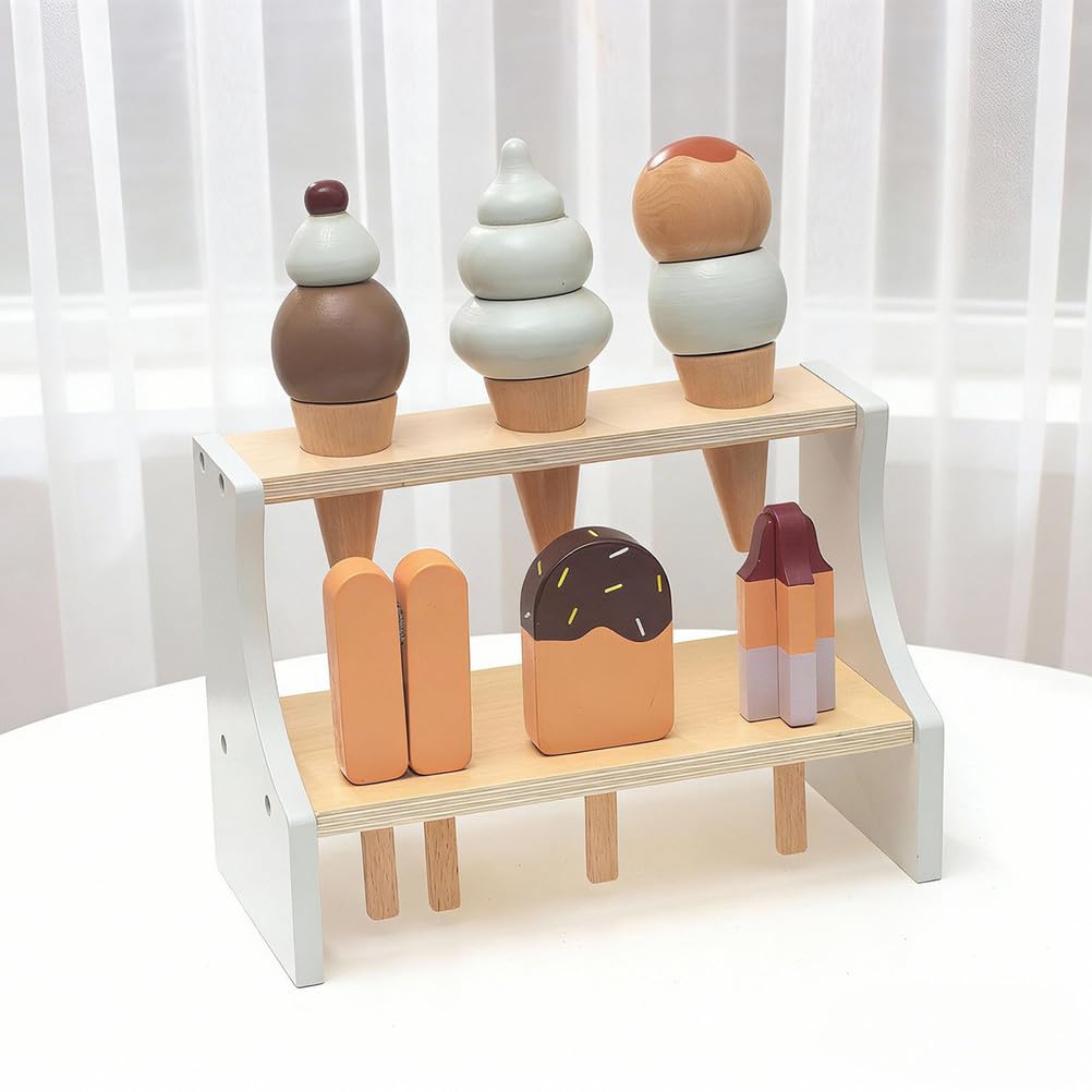 Set da Gioco Gelateria in Legno, Espositore a Doppio Piano | Set Gioco Dolci Finti, Giocattolo Ghiacciolo, Giocattolo per Gioco di Ruolo Venditore