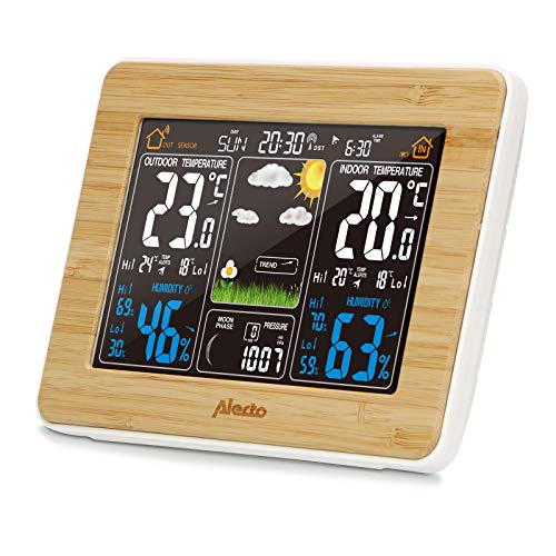 Alecto WS-1560 Funk Wetterstation mit Farbdisplay und Außensensor - Innen und Außentemperatur - Luftfeuchtigkeit - Barometer - animierte Wettervorhersage - holz