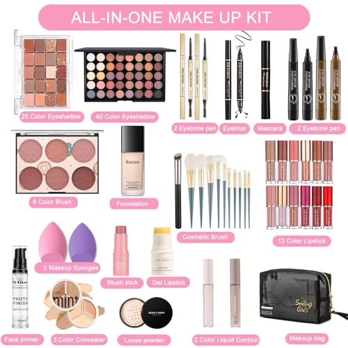 Make Up Set, Ruicen Make-up-Set für den perfekten Full Face Look, 43-teiliges Make Up Set für Frauen mit 60 Color Lidschatten, Mascara, Eyeliner, Lipgloss, MakeUp Set für unterwegs