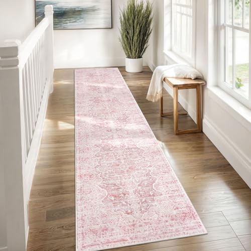 KUTA Vintage Washable Runner Rug, 2x8 Pink Runners for Hallways Non-Slip Floral Kitchen Rugs Ultra Soft Printed Distressed Tribal Floor Carpet for Bedroom Living Room Nursery Playroom