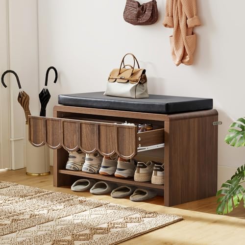 Shoe Storage Bench with Cushion, Shoe Rack Organizer Cabinet Bench with Wave Panel Drawer and Open Shelf for Entryway, Hallway, Living Room (Walnut)