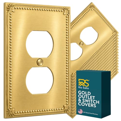 Rio Salto Outlet Covers Duplex Wall Plate Electrical Outlet Cover Receptacle Wall Plate 1 Gang Midsize Large Coverage Brushed Brass Gold Metal — Pearl Collection, Midsize, 16 Pack 5.00" X 3.13"