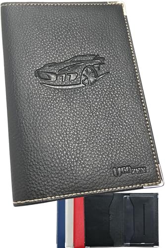 Ugozen Pochette Carte Grise Luxeo | Porte Papier Voiture Etui 3 Volets Cristal Inclus.Noir