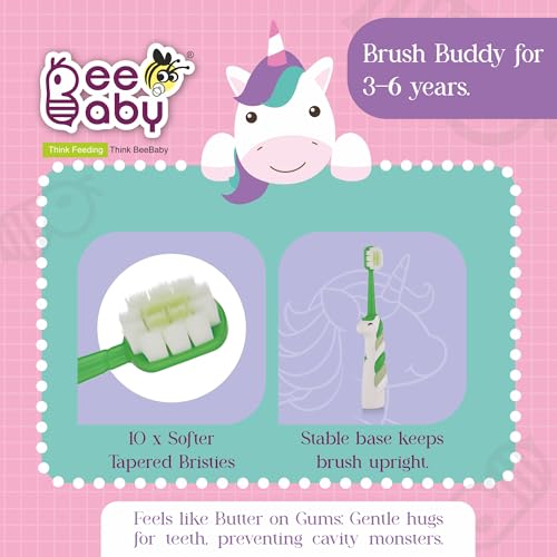 Image of BeeBaby Brush Buddy Baby Toothbrush for Kids 3-6 Years, Ultra Soft Tapered Bristles Toddler Toothbrush for Milk & Permanent Teeth, BPA Free Easy Grip Toothbrush for Sensitive Gums - Green Unicorn