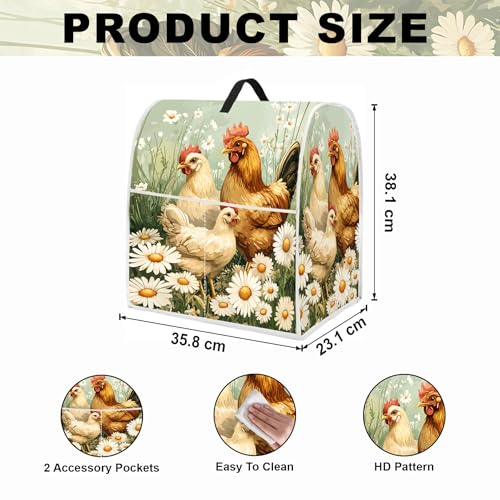 Image of Kitchen Dust Cover Compatible with 4.5 5 6 8 quart Stand Mixer, Kitchen Appliance Protective Covers with Top Handle and Pocket (Chicken and daisies, For All 6-8 qt Mixer)