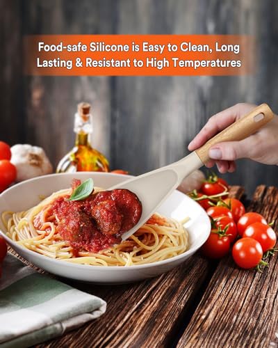 Image of Cooking Spoon for Nonstick Cookwares, Great for Cooking and Serving Durable BPA-Free Matte Silicone, Wood Handle Spoon for Mixing, Scoop, and Scrape