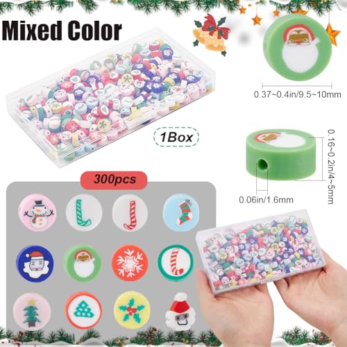 SOFPLATE 1 Box 300Pcs Christmas Polymer Clay Beads Holiday Clay Beads Winter Theme Santa Socks Tree Snowman Green Tone Spacer Bead for jewellery Making Supplies DIY Bracelet Earring Necklace Crafts - Image 2