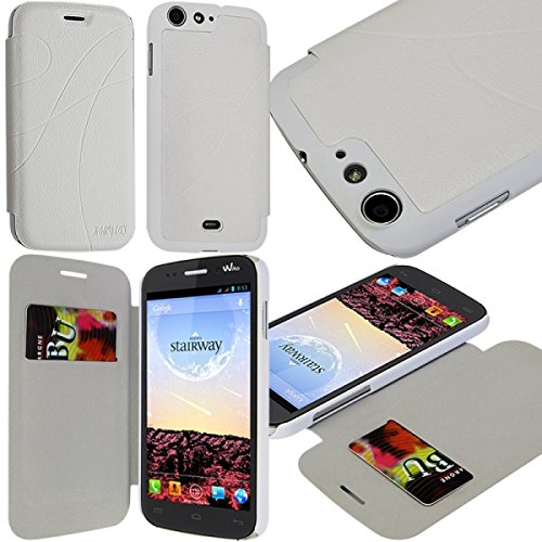 KARYLAX Seluxion - Coque Housse Etui à Rabat latéral et Porte-Carte pour Wiko Stairway Couleur Blanc + Film de Protection d'écran