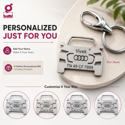 Image of Personalized Stainless Steel Key Chain /Key Ring | Durable, Compatible with All Models | Customized Car Number Plate | Ideal Gift for Him (Silver)
