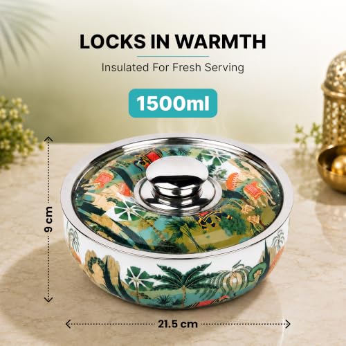 Image of The Better Home Insulated Casserole Serving Bowl | Stainless Steel Food Grade | Capacity 1500ml Printed Design Easy to Clean Double Wall Insulation Hot Food Storage Tureen | 1 Pack