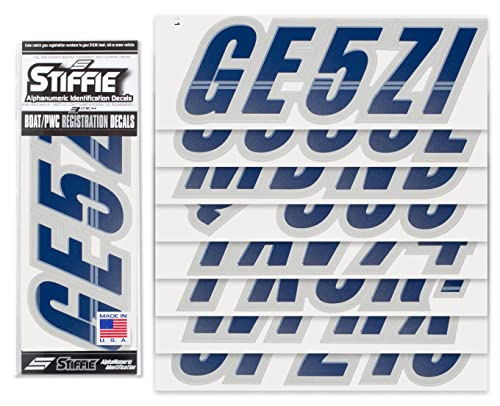 Image of Stiffie Techtron Navy /Silver 3 inch Alpha-Numeric Registration Identification Numbers Stickers Decals for Boats & Personal Watercraft