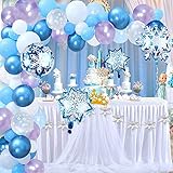 ❄️PAQUETE DE GLOBOS DE COPOS DE NIEVE: 5 * globos de azul metálico, 15 * globos de azul claro, 15 * globos de violeta claro, 20 * globos de blanco perla, 10 * globos de copo de nieve de color azul claro, 10 * globos de copo de nieve plateados, 6 * globos de confeti plateados, 3 m / 9,8 ft guirnalda de copo de nieve blanca, 4 * globos de papel de copo de nieve y otros accesorios para herramientas de globo de 4 piezas Compre 2 o más paquetes para hacer un arco de globo más grande.